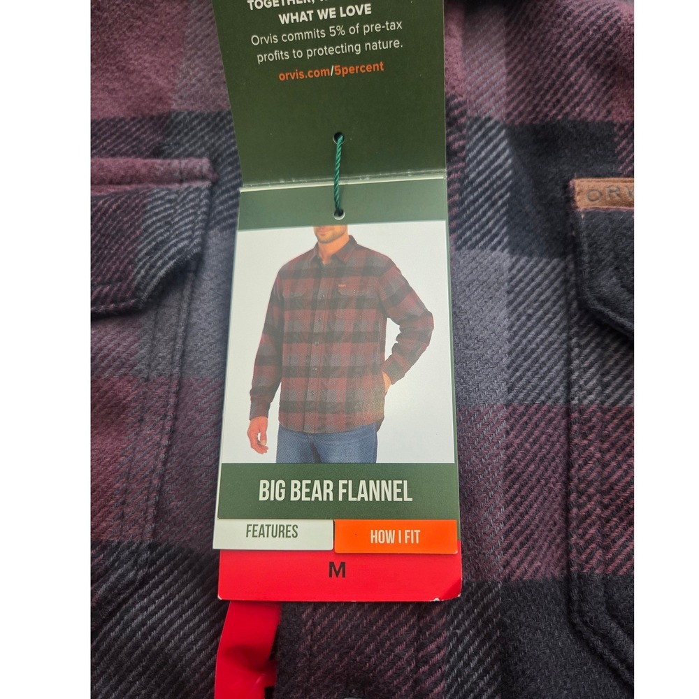 New Orvis Big Bear Flannel Shirt Mens Size M Burgundy Plaid Heavyweight Brushed - Picture 6 of 9